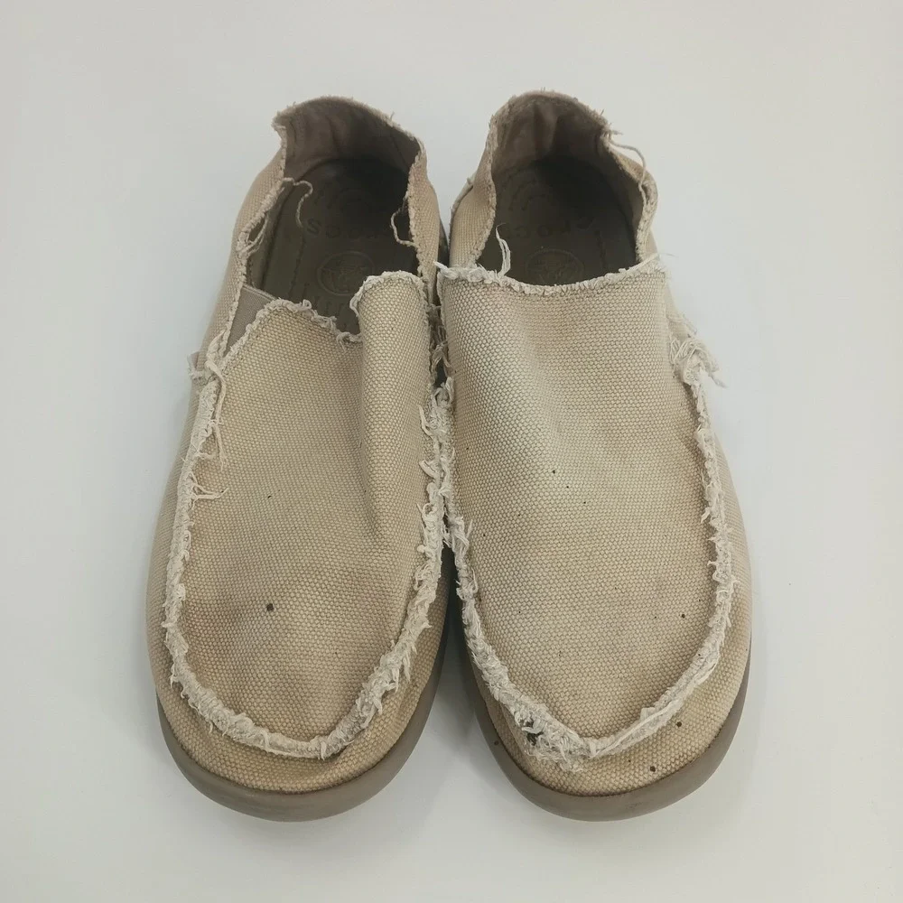 Crocs Santa Cruz Mens Khaki Tan Canvas Frayed Slip On Loafers Shoes Size 11